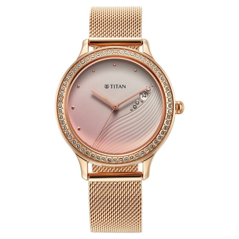 Titan Purple Women's Watch Analog Pink Dial With Rose Gold Mesh Band, 2634WM05