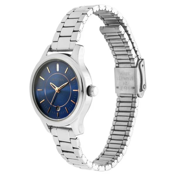 Titan Women's Watch Analog Blue Dial With Silver Stainless Steel Band, 2638SM01