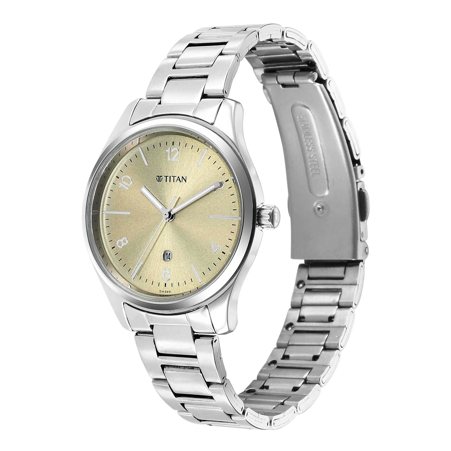 Titan Workwear Women's Watch Analog Beige Dial With Silver Stainless Steel  Band, 2639SM10