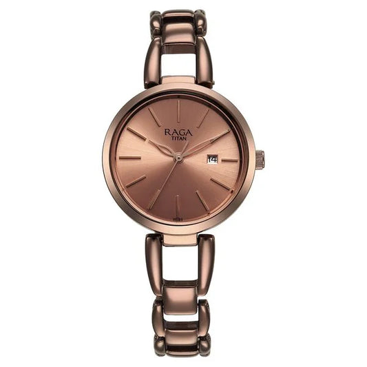 Titan Women's Watch Raga Viva Collection, Rose Gold Dial Brown Stainless Steel  Strap, 2642QM01