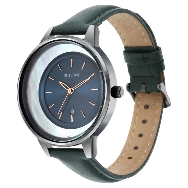 Titan Crescent Women's Watch Analog Blue Dial With Green Leather Strap, 2648QL01