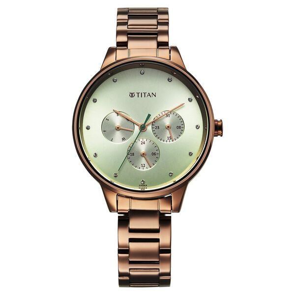 Titan Women's Watch Analog Green Dial with Brown Stainless Steel Band, 2648QM03