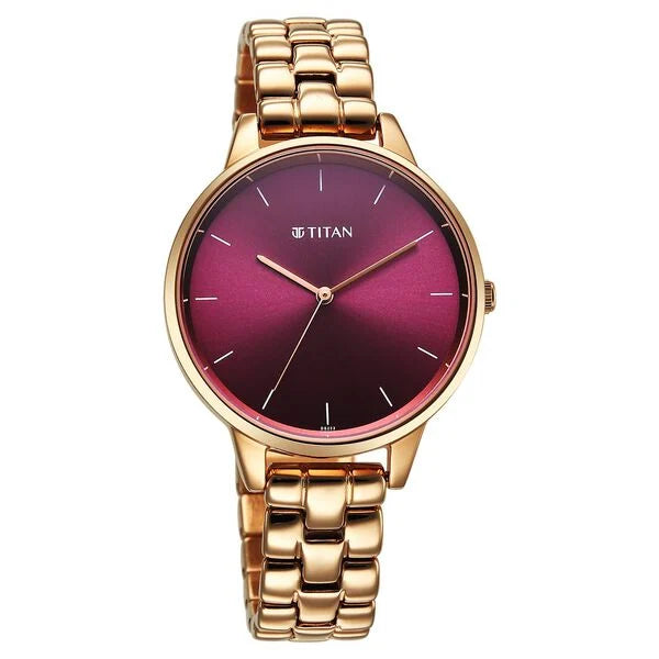 Titan Women's Analog Maroon Grey Dial With Rose Gold Stainless Steel Strap , 2648WM11