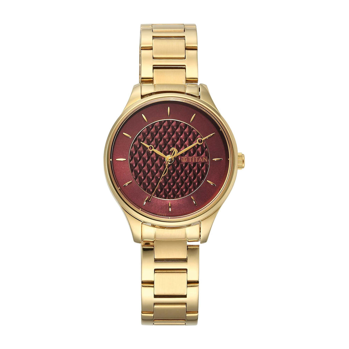 Titan Tet Women's Watch Analog Red Dial With Gold Stainless Steel Band, 2649YM01