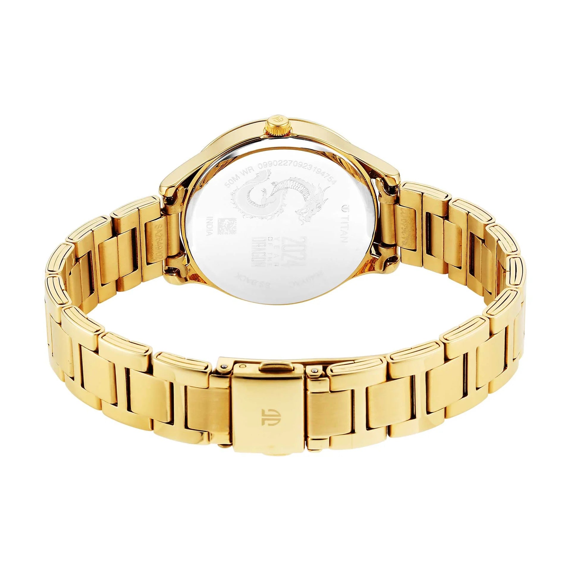 Titan Tet Women's Watch Analog Red Dial With Gold Stainless Steel Band, 2649YM01