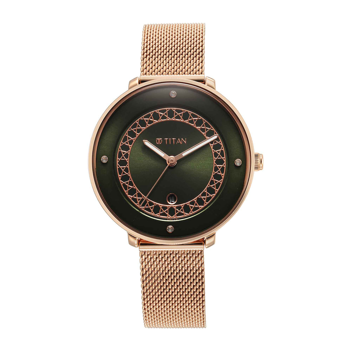 Titan Marhaba Collection Green Dial Rose Gold Stainless Steel Strap Watch for Women, 2651WM07