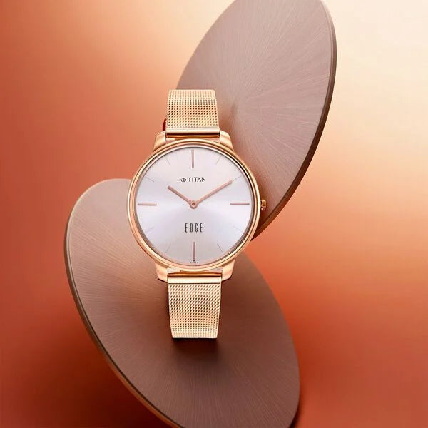 Titan Women's Edge Watch Analog White Dial with Rose Gold Stainless Steel Band, 2654WM01