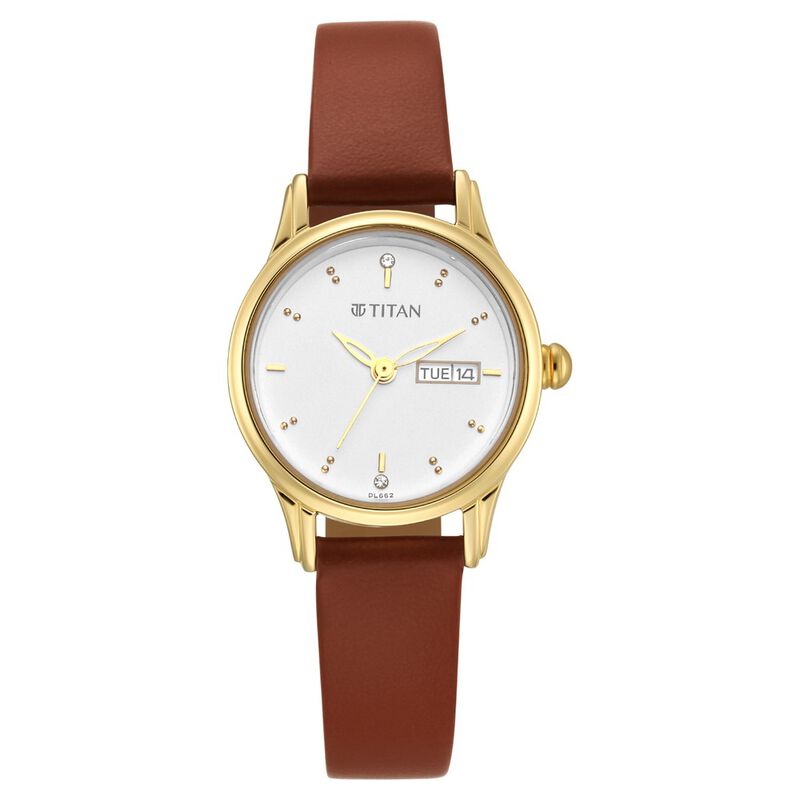 Titan Women's Watch Analog White Dial With Tan Leather Strap, 2656YL01