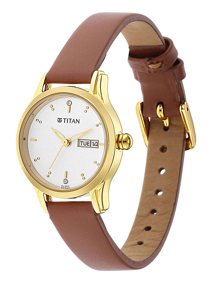 Titan Women's Watch Analog White Dial With Tan Leather Strap, 2656YL01