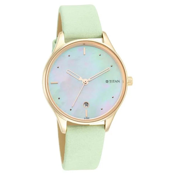 Titan Pastels Women's Watch Analog Mother of Pearl Dial With Green Leather Strap, 2670WL04
