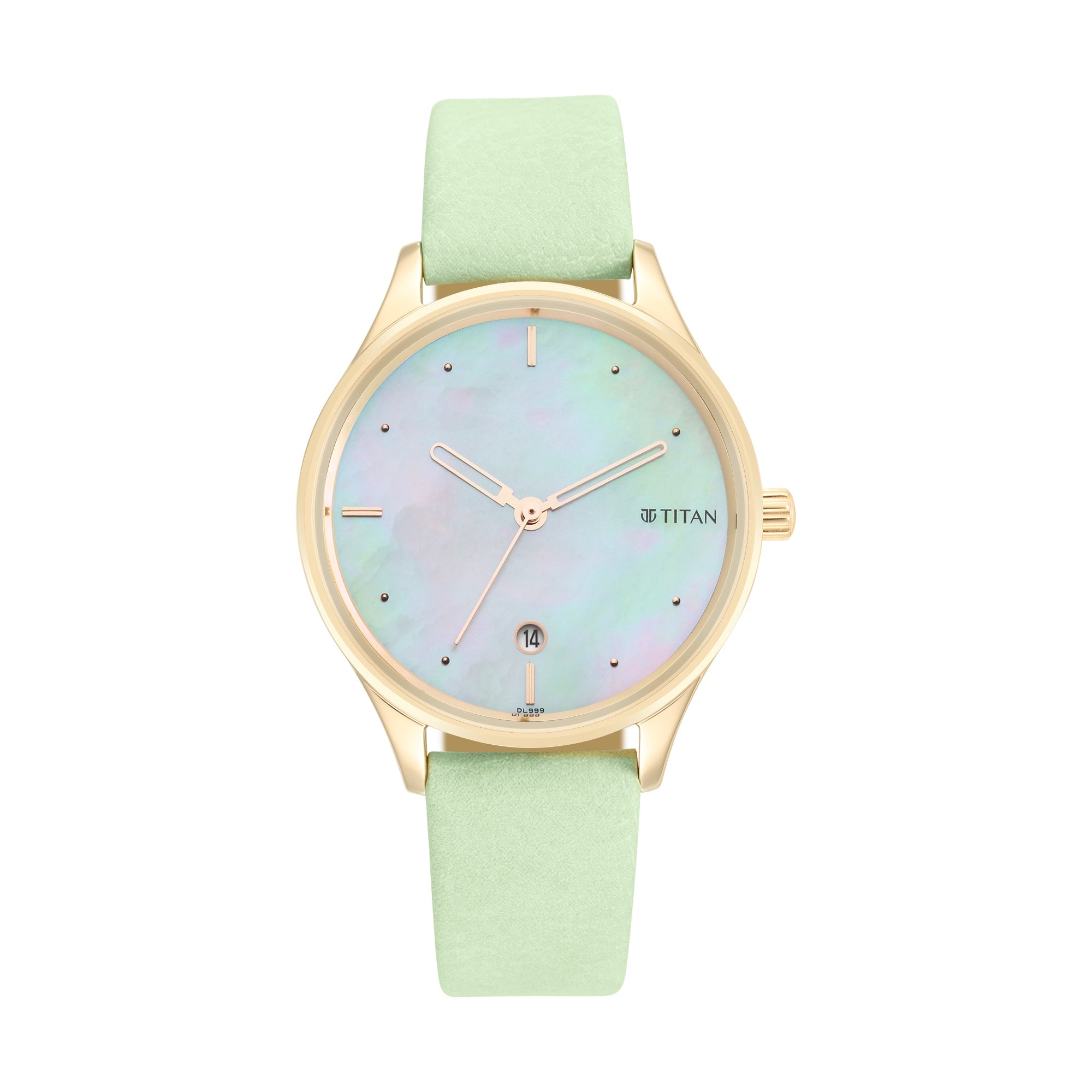 Titan Pastels Women's Watch Analog Mother of Pearl Dial With Green Leather Strap, 2670WL04