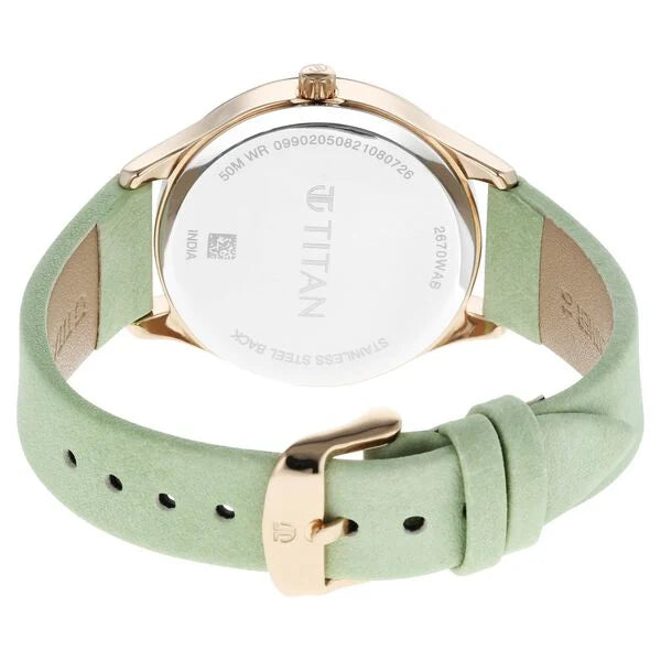 Titan Pastels Women's Watch Analog Mother of Pearl Dial With Green Leather Strap, 2670WL04