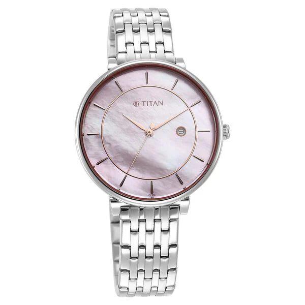 Titan Premium Workwear Women's Watch Analog Mother of Pearl Dial With Silver Stainless Steel Band, 2673SM02