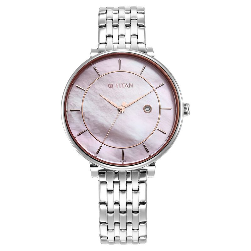 Titan Premium Workwear Women's Watch Analog Mother of Pearl Dial With Silver Stainless Steel Band, 2673SM02