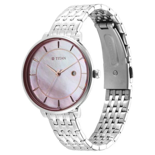 Titan Premium Workwear Women's Watch Analog Mother of Pearl Dial With Silver Stainless Steel Band, 2673SM02