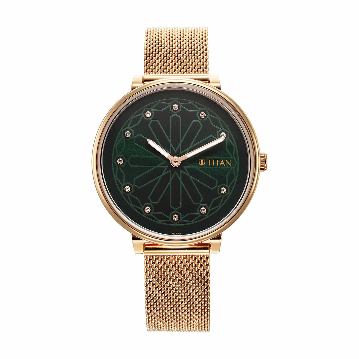 Titan Marhaba Phase 2 Green Dial Gold Stainless Steel Strap Watch for Women, 2673WM03