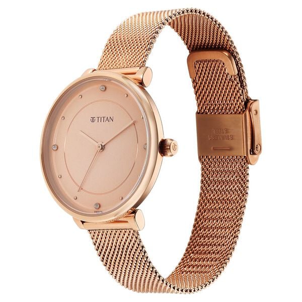 Titan  Stackables Women's  Quartz Analog Watch Rose Gold Dial With Stainless Steel Mesh Band, 2673WM04