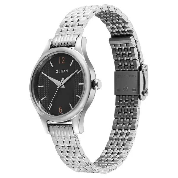 Titan Women's Watch Analog Black Dial with Silver Stainless Steel Band, 2679SM02