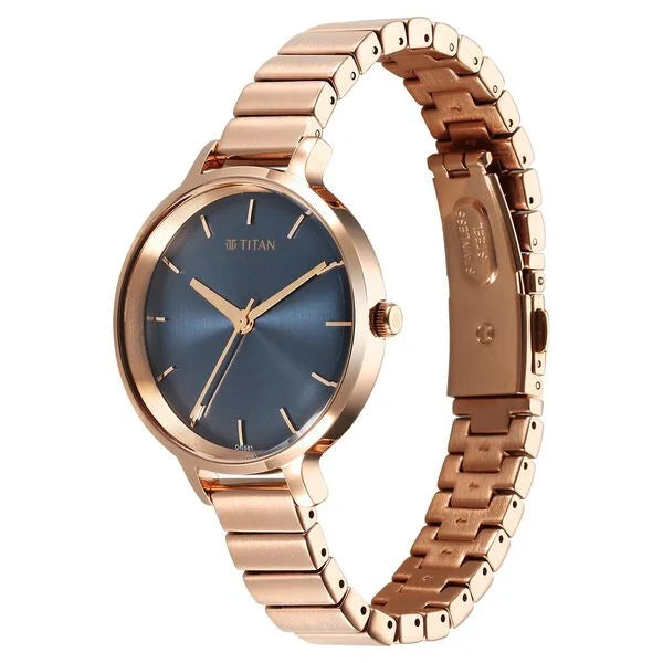 Titan Secluded Women's Watch Analog Blue Dial with Rose Gold Stainless Steel Band, 2709WM01