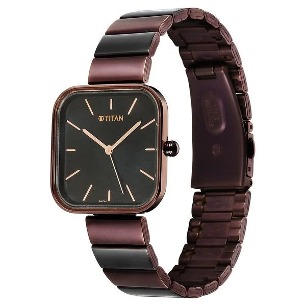 Titan Purple Stackables Women's Watch Analog Black Dial With Brown Stainless Steel Band, 2715QM01