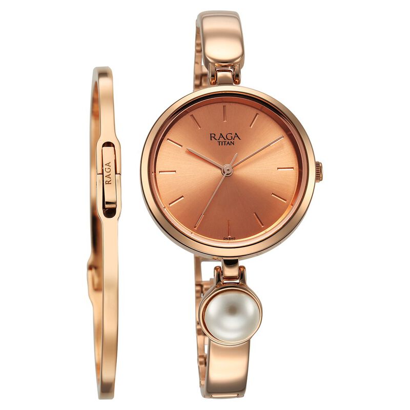 Titan Raga Power Pearls Analog Women's Watch, Rose Gold With Dial Rose Gold Metal Pearl Strap, 2720WM01