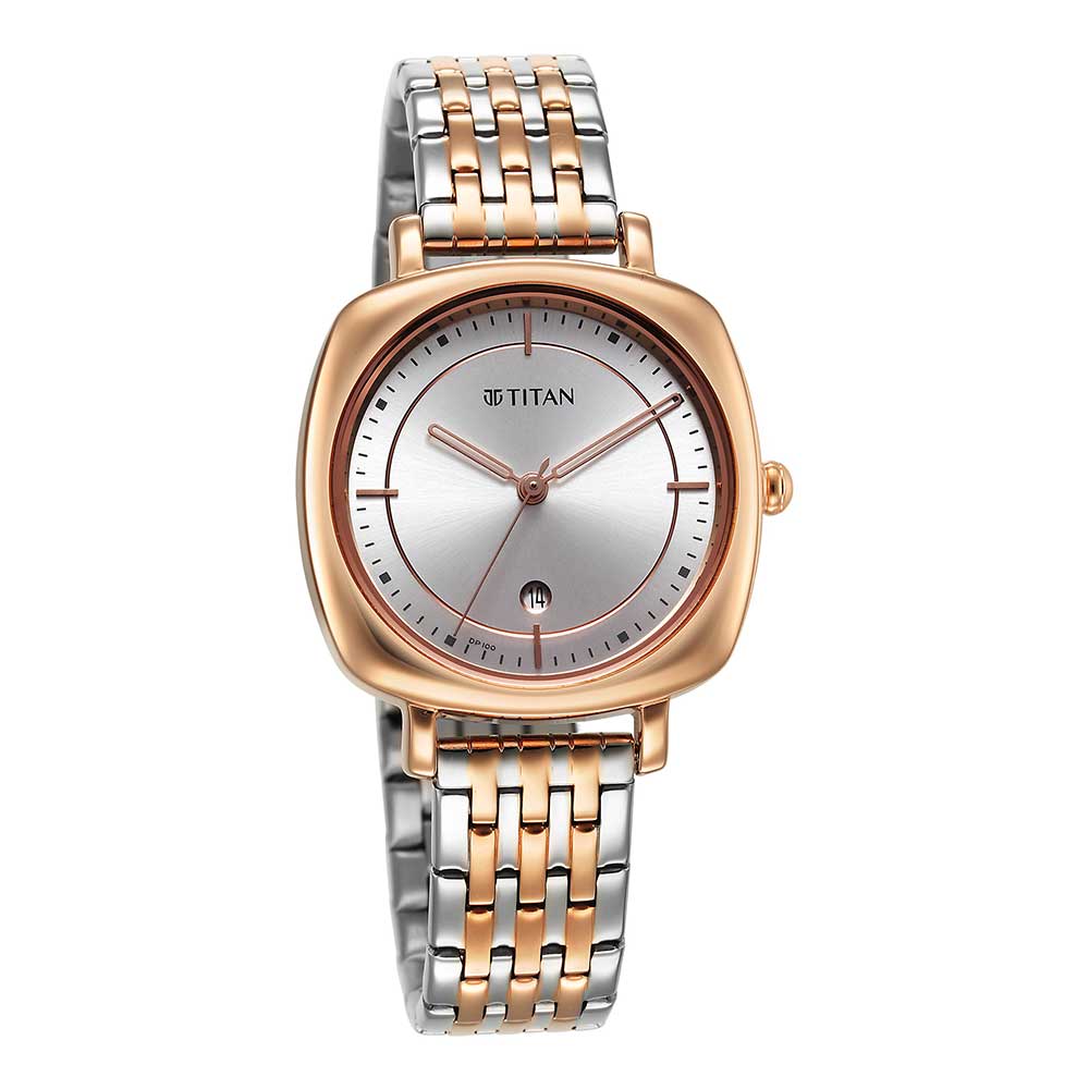 Titan Shaped Cases Women's Watch Silver Dial With Two-Toned Stainless Steel  Band, 2730KM01