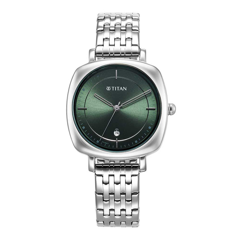 Titan Shaped Cases Women's Watch Green Dial With Silver Metal Band, 2730SM01