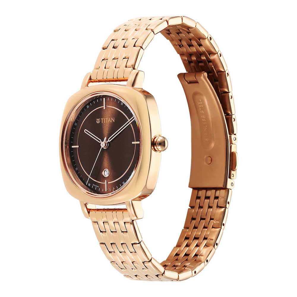 Titan Shaped Cases Men's Watches Analog Brown Dial With Rose Gold Stainless Steel  Band, 2730WM01