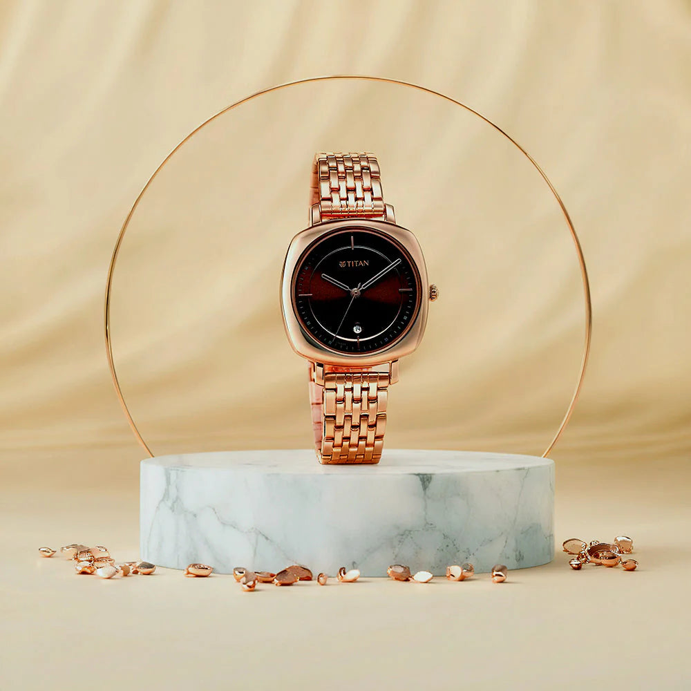 Titan Shaped Cases Men's Watches Analog Brown Dial With Rose Gold Stainless Steel  Band, 2730WM01