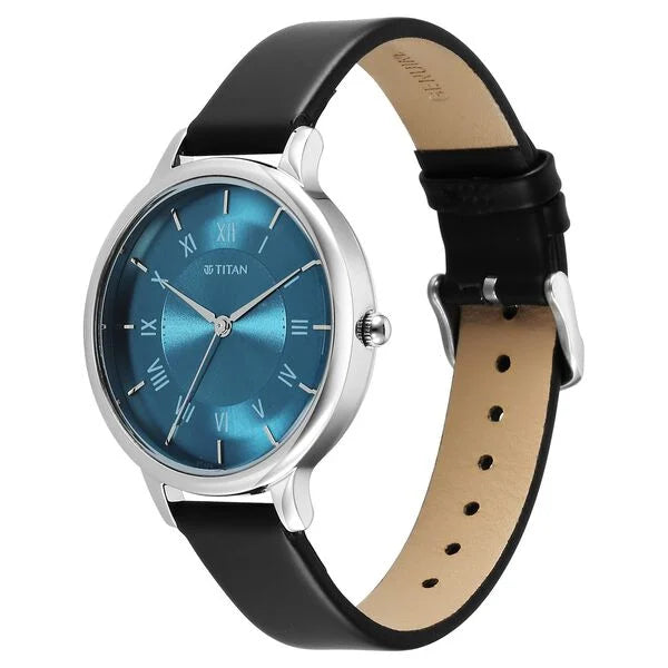 Titan Workwear Women's Watch Analog Blue Dial with Black Leather Strap, 2732SL01