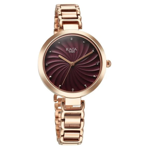 Titan Raga Memoirs Women's Watch Analog Burgundy Dial with Rose Gold Stainless Steel Band, 2752WM01