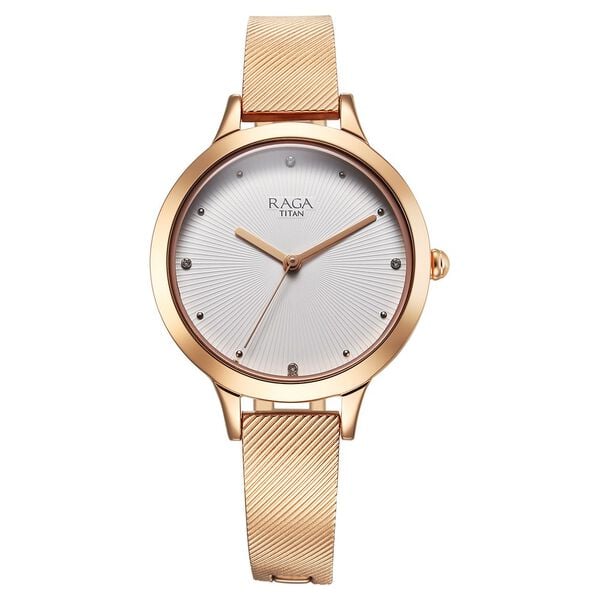 Titan Raga Memoirs Women's Watch Analog White Dial With Rose Gold Stainless Steel Band, 2754WM01