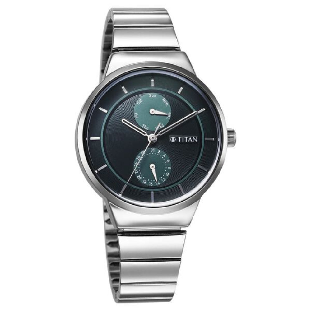 Titan Neo Women's Multifunction Watch Analog Green Dial with Silver Stainless Steel Band, 2761SM01