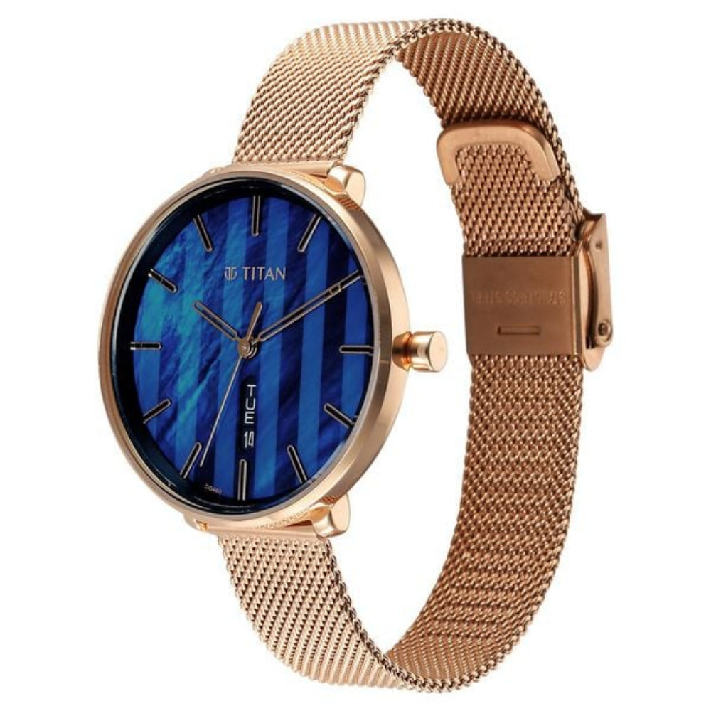 Titan Neo Women's Watch Analog Mother of Pearl Dial with Rose Gold Mesh Band, 2763WM01
