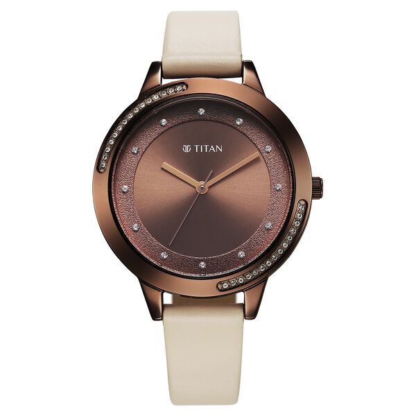 Titan Women's Watch Analog Brown Dial with Beige Leather Strap, 2764QL01