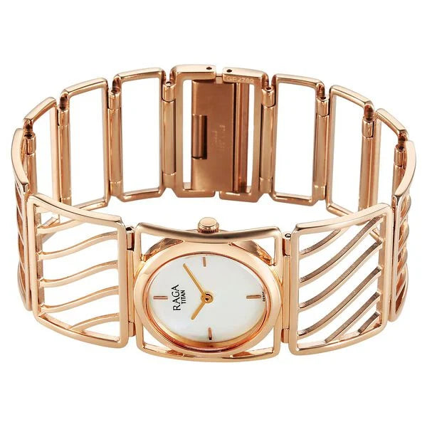 Titan Raga Ethereal Quartz Analog Women's Watch with White Mother Of Pearl Dial and Rose Gold Stainless Steel Strap, 2769WM01