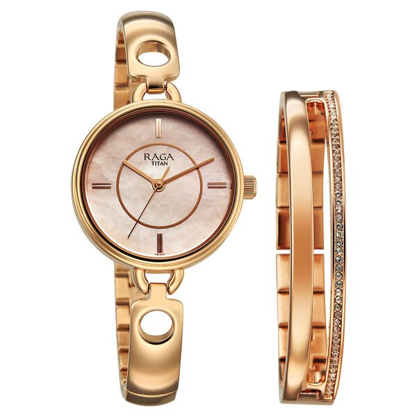 Titan Raga Contempore Quartz Analog Women's Watch with Rose Gold Mother Of Pearl Dial and Metal Strap, 2774WM01