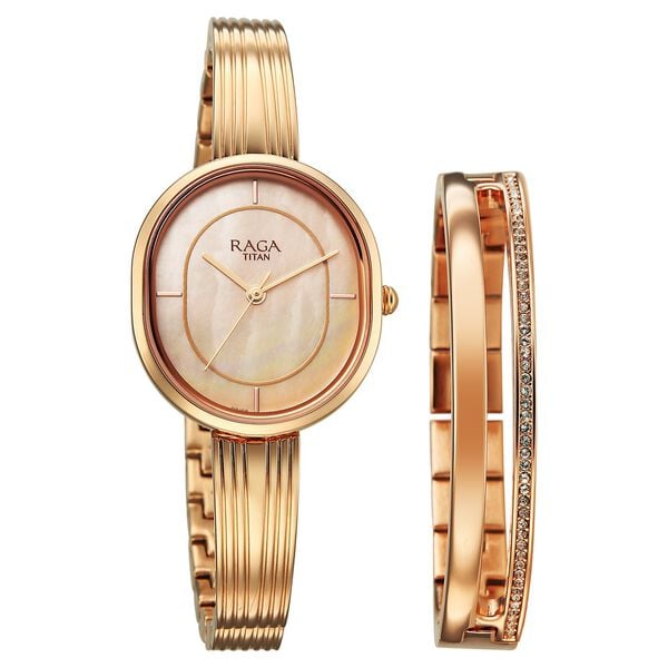 Titan Raga Contempore Quartz Analog Women's watch with Rose Gold Mother Of Pearl Dial and Metal Strap, 2776WM01