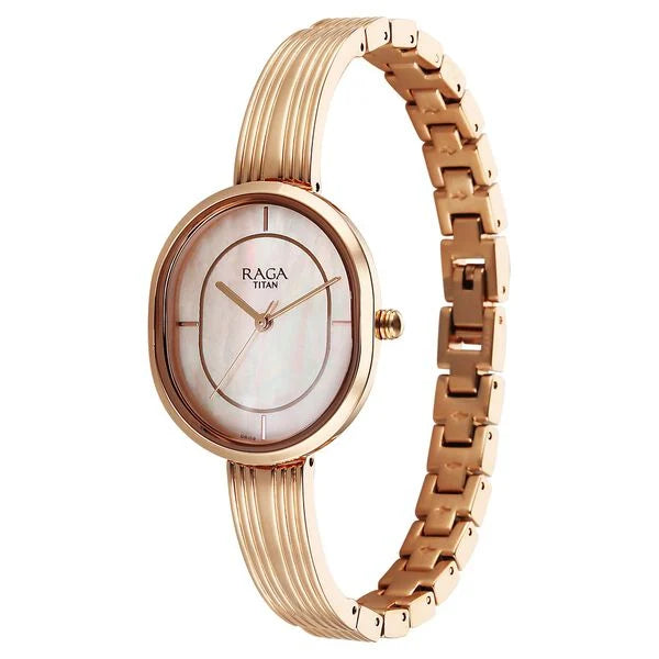 Titan Raga Contempore Quartz Analog Women's watch with Rose Gold Mother Of Pearl Dial and Metal Strap, 2776WM01
