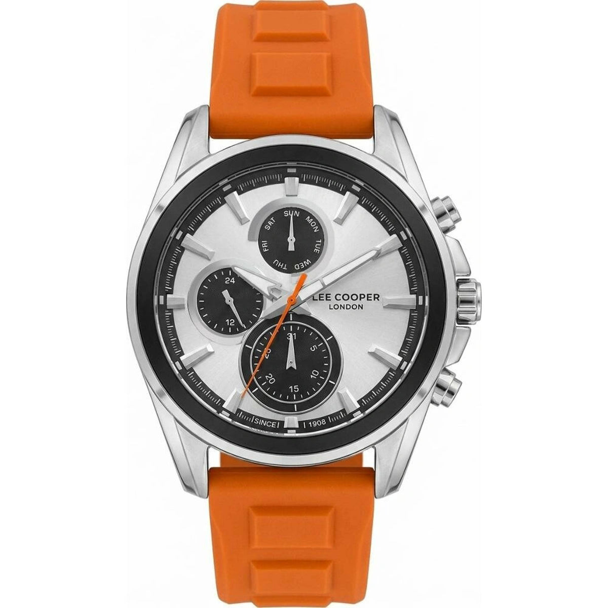 Lee Cooper Men's Multifunction Watch with Silver Dial and Orange Silicone Band, LC08387.330