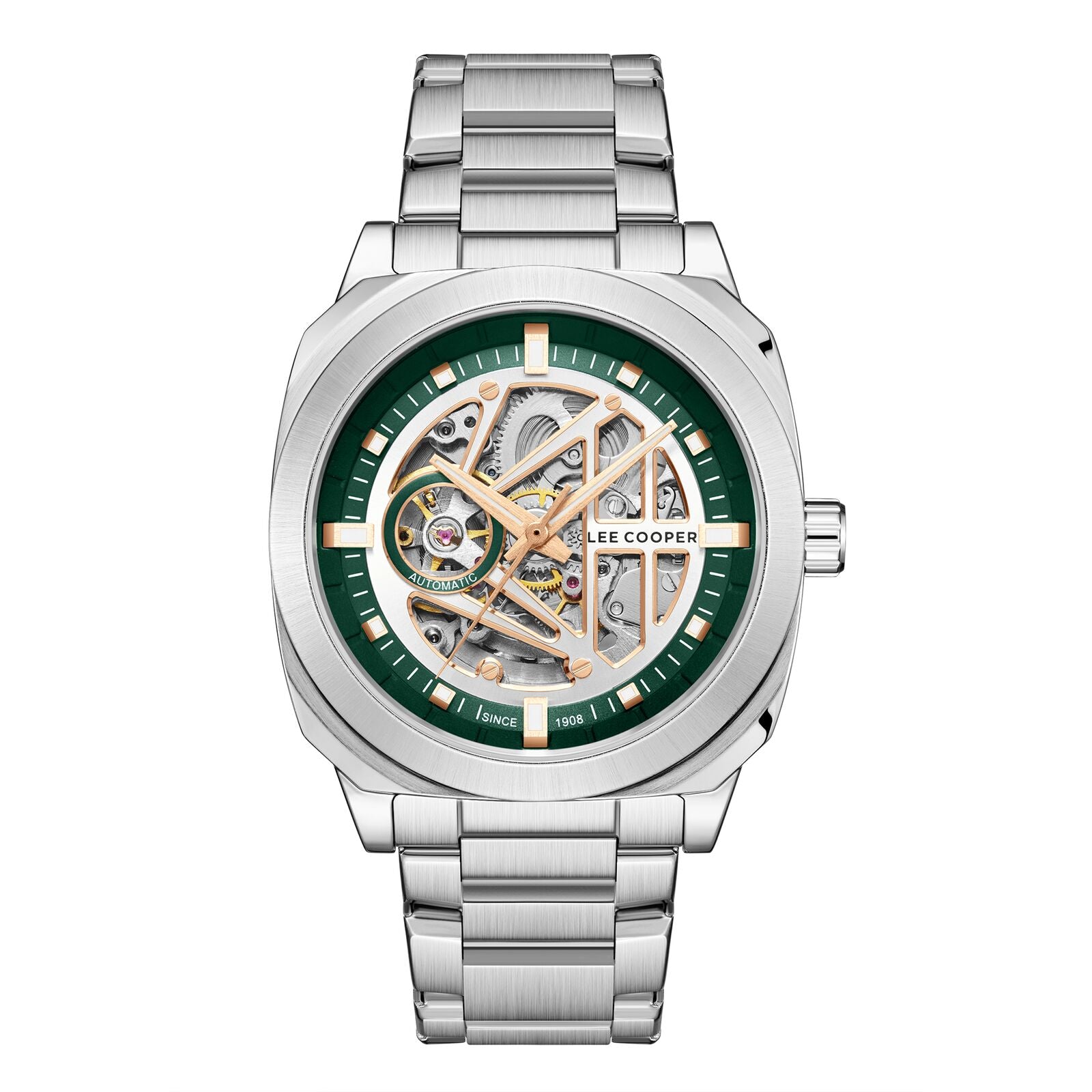 Lee Cooper Men's Automatic Watch Analog Green Dial with Silver Stainless Steel Band, LC08075.310