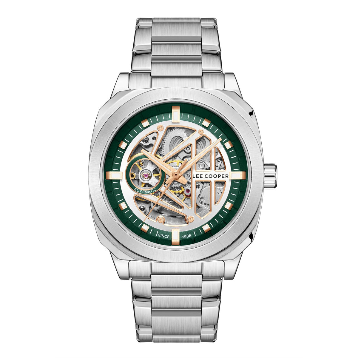 Lee Cooper Men's Automatic Watch Analog Green Dial with Silver Stainless Steel Band, LC08075.310