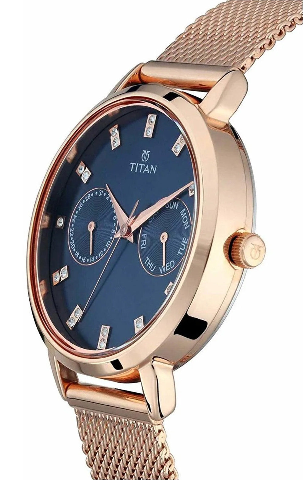 Titan Women's Watch Sparkle Collection Multifunction, Blue Dial Rose Gold Stainless Strap, 2569WM05