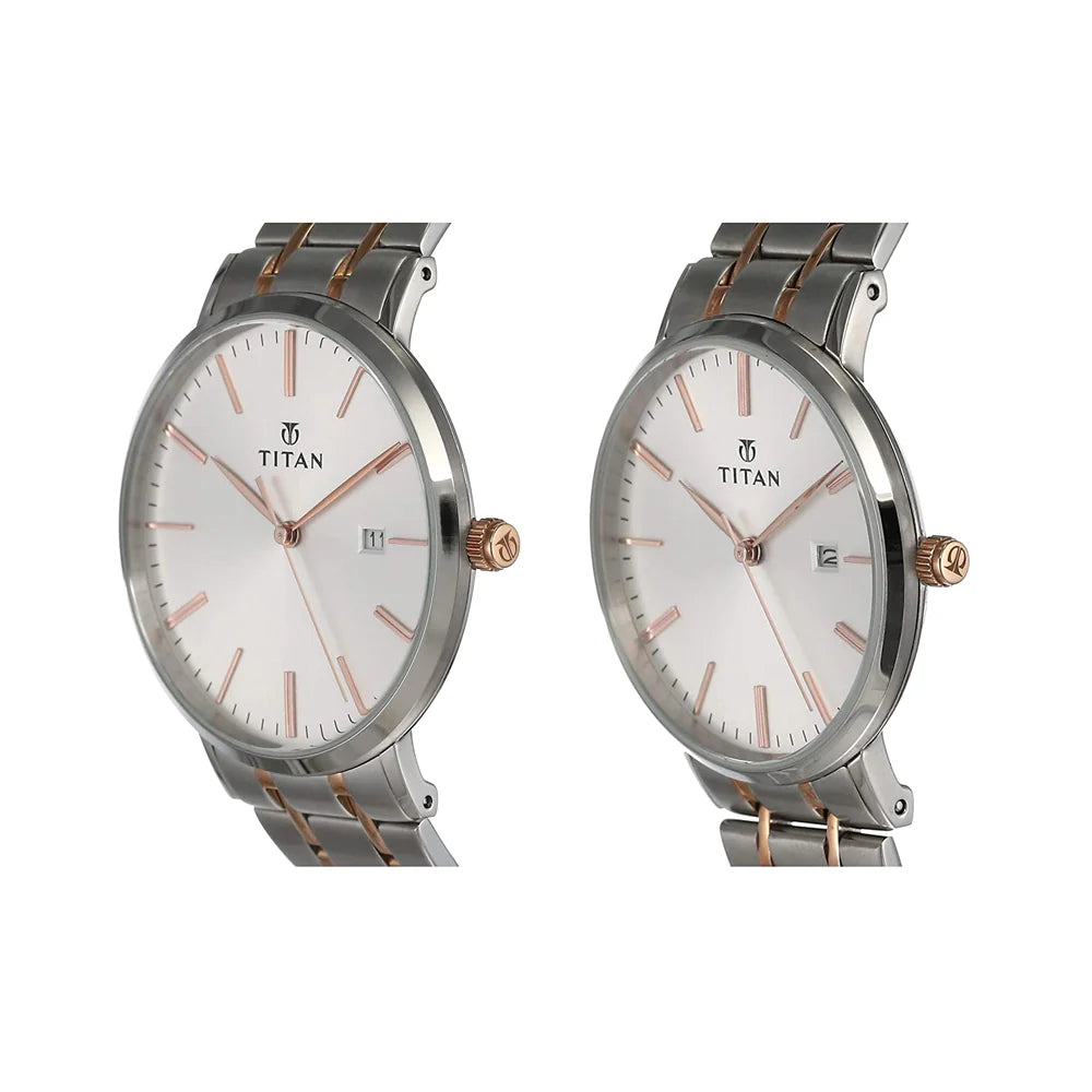 Titan Couple's Watch Classique Collection Analog, White Dial Silver & Gold Stainless Strap, 94002KM01P