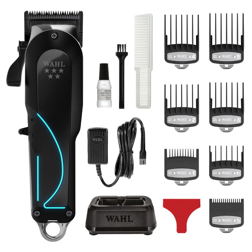 Wahl hair cutting kit with various attachments on a white background