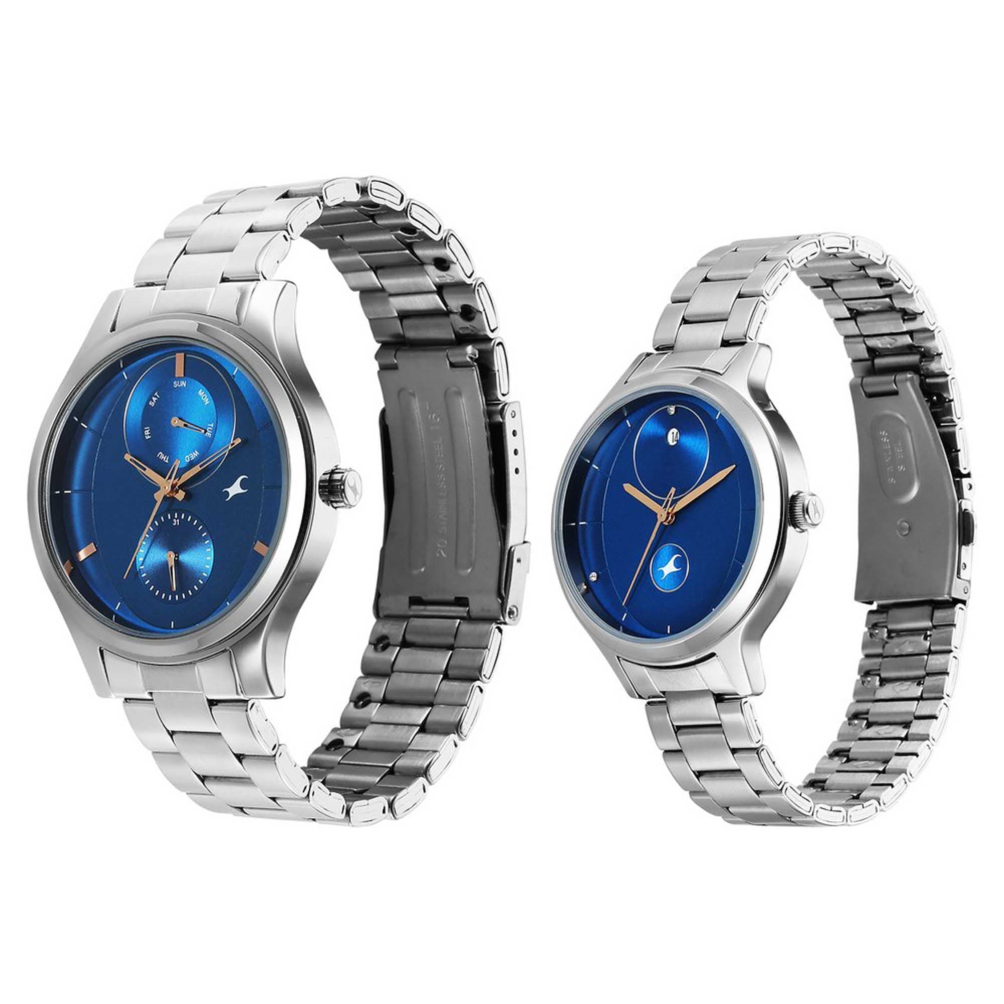 Fastrack Mixmatched Couple Quartz watch  Multifunction Blue Dial Silver Stainless Steel Strap, 3240sm01p
