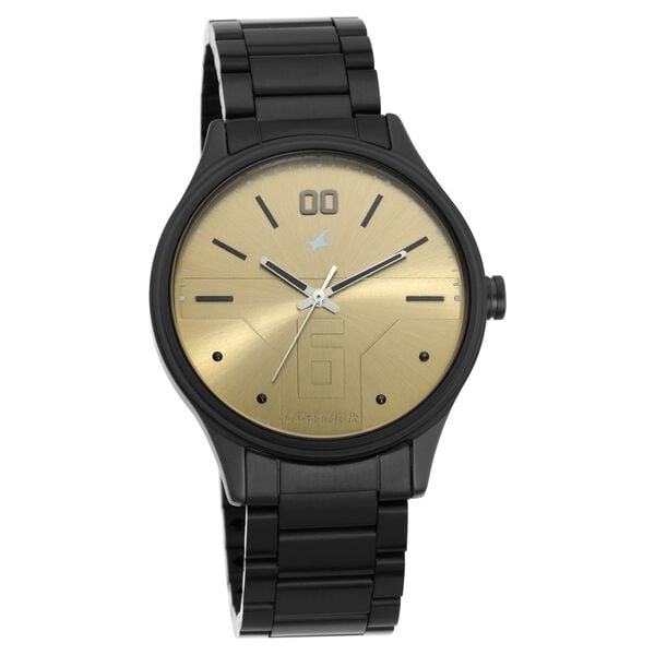 Fastrack Bare Basics Quartz Analog Men's Watch with Golden Dial and Black Stainless Steel Strap, 3247NM01P