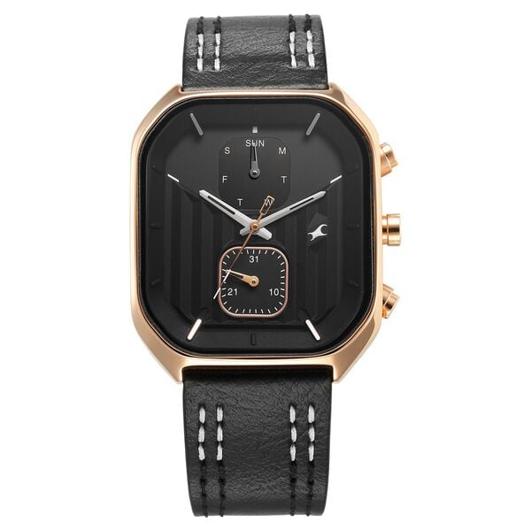 Fastrack Men's Watch Black Dial with Black Leather Strap, 3270WL01
