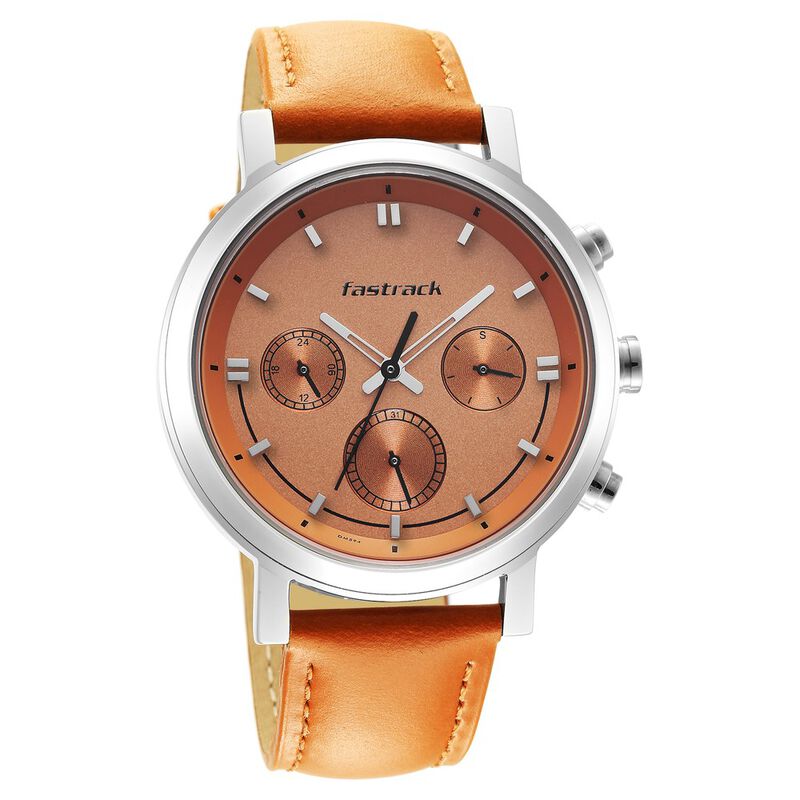 Fastrack, Men's Multifunction Watch Analog, Orange Dial Orange Leather Band, 3287SL02