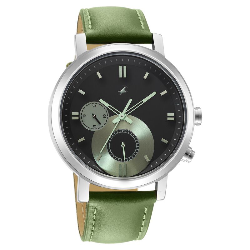 Fastrack, Men's Multifunction Watch Analog, Black Dial Green Leather Band, 3287SL03